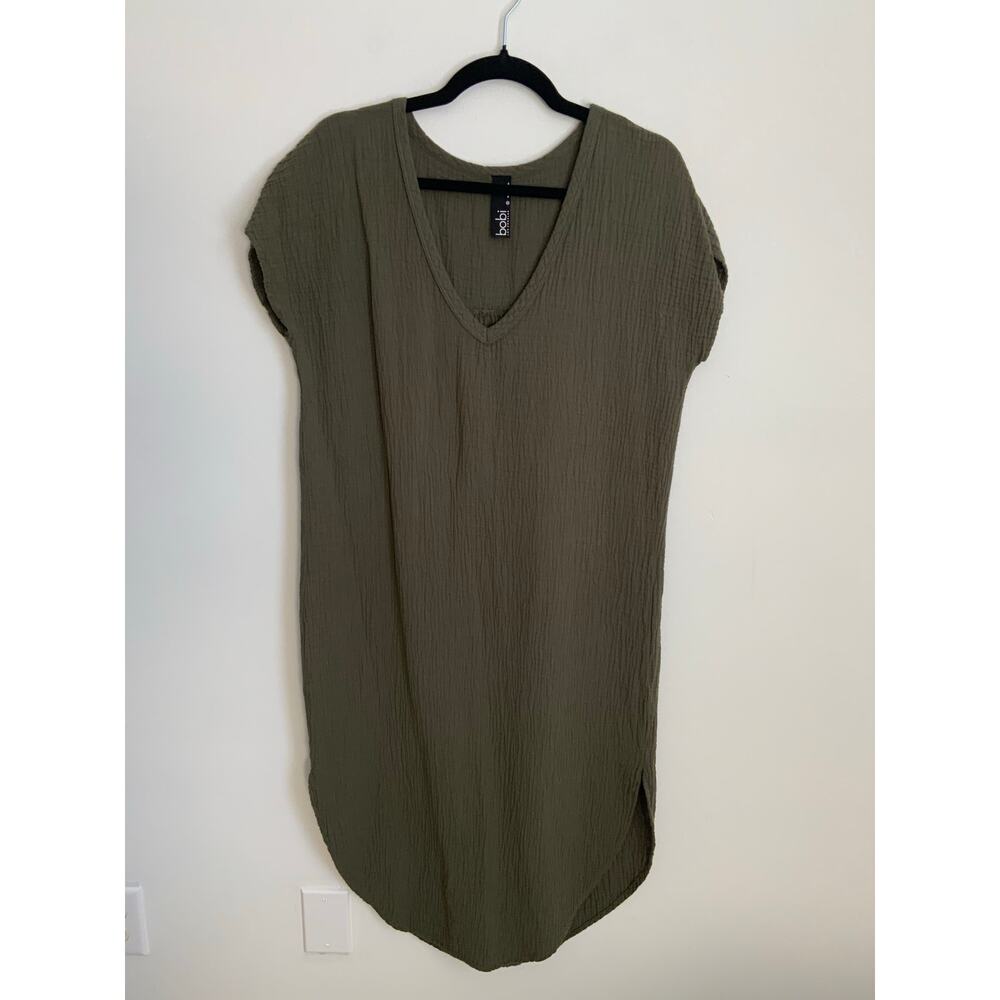 bobi olive‎ green V-neck gauze cotton shift dress size small